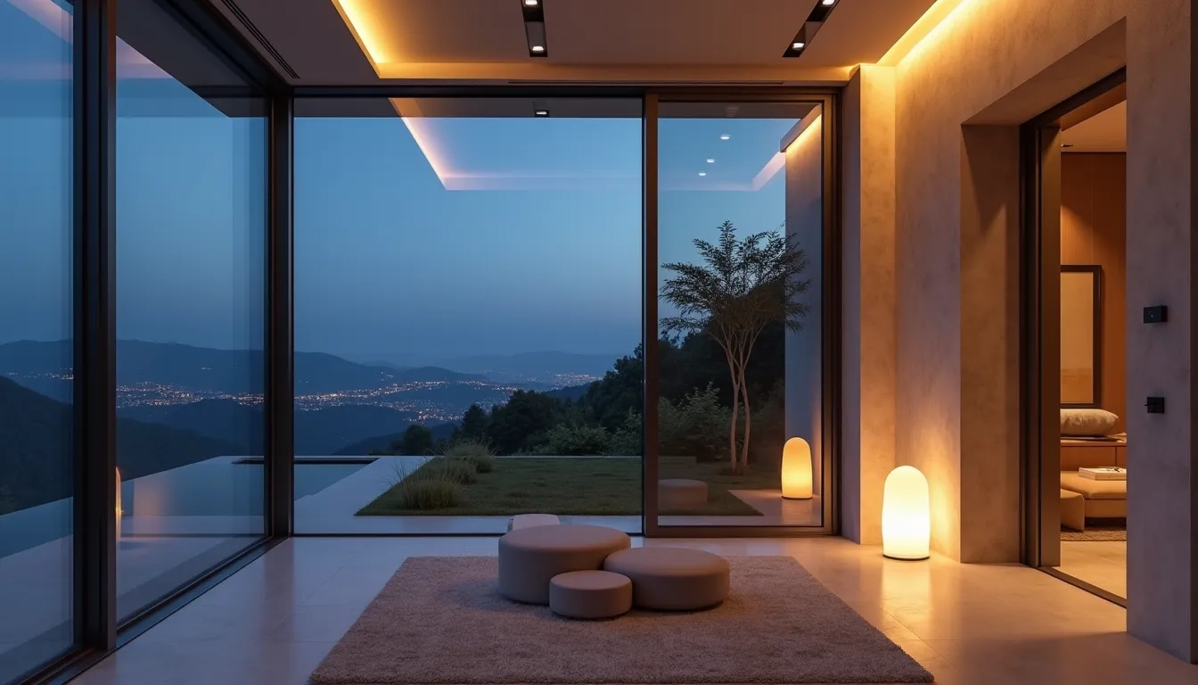 Luxury home interior at dusk with warm lighting and a discreet wall keypad